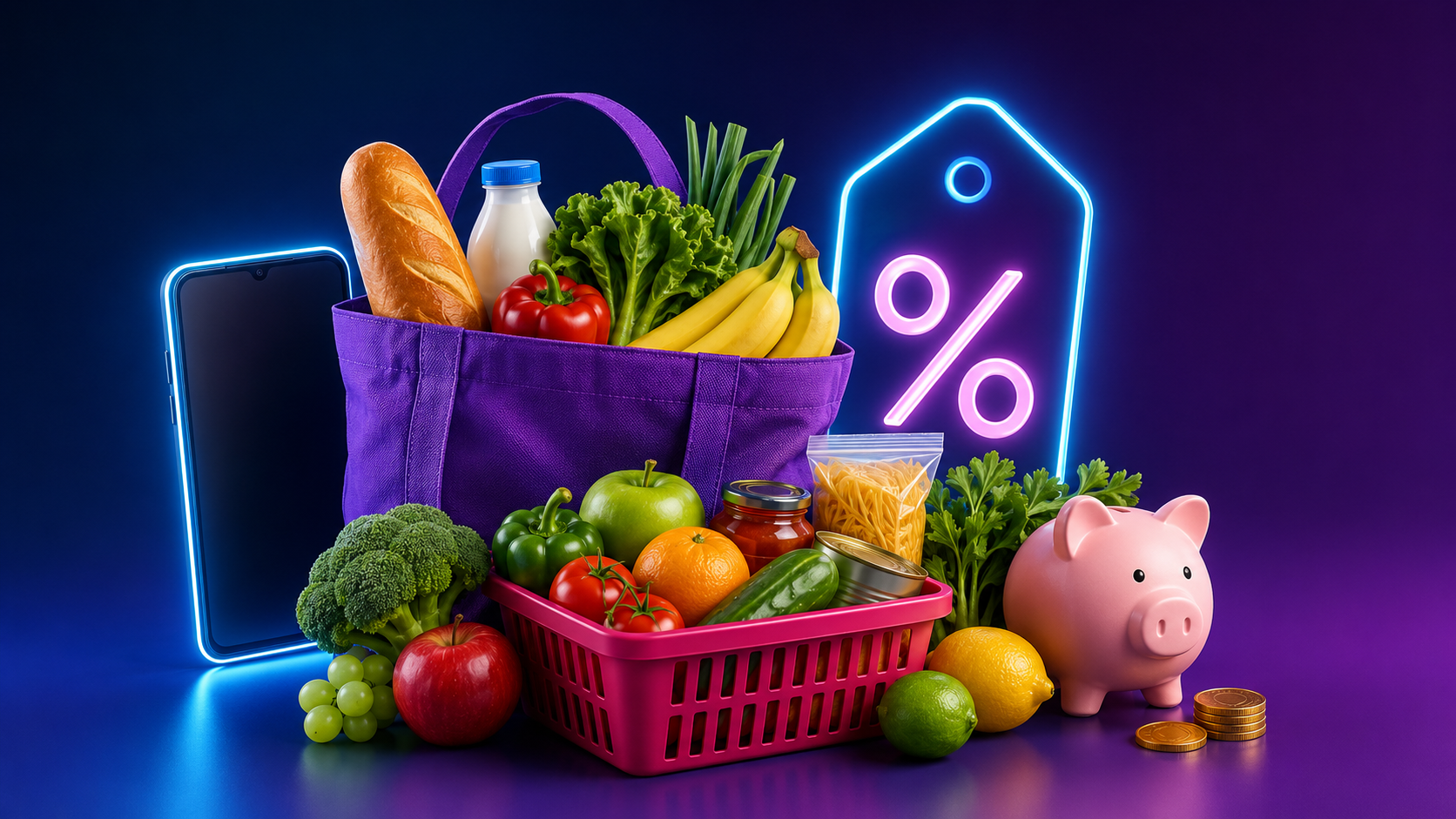 Groceries, a shopping basket and a savings symbol