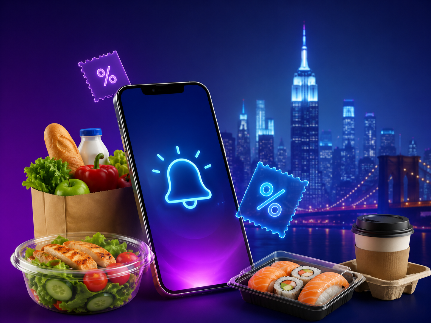 Discount tags and food beside a phone
