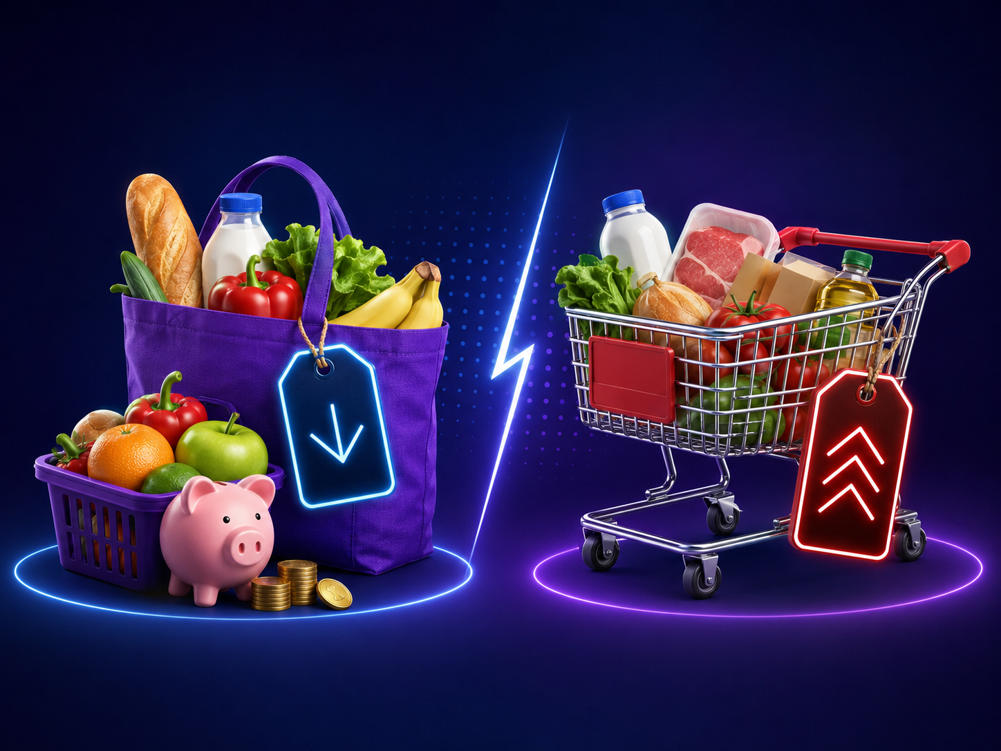 A grocery bag and shopping cart with discount tags
