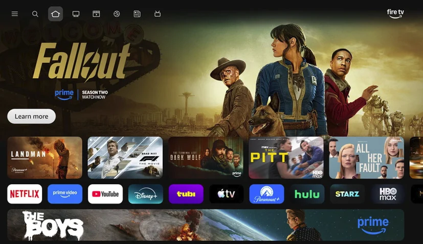 Streaming TV home screen with popular apps and shows