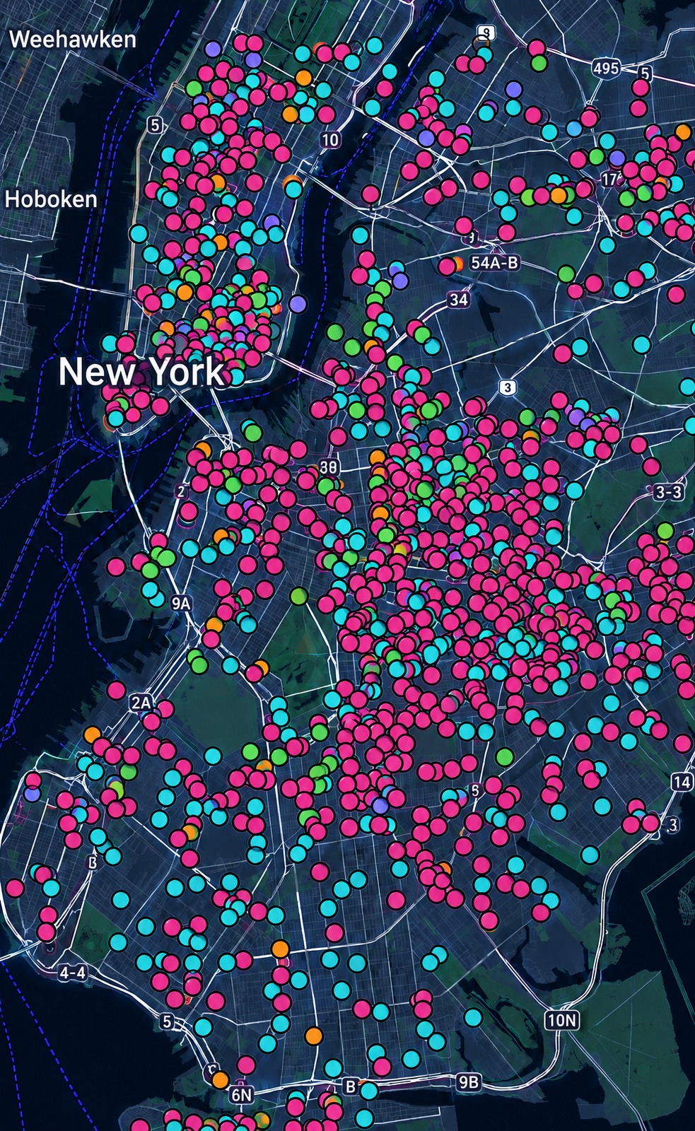 Map showing thousands of free food locations across New York City and nearby areas